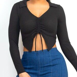 Women's Drawstring V Neck Long Sleeve Tie Back Crop Top Blouse - Black